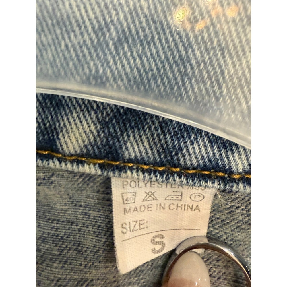 Acid Wash Leopard Print Distressed Oversized Denim Jacket Blue Brown Womens S - Picture 9 of 9